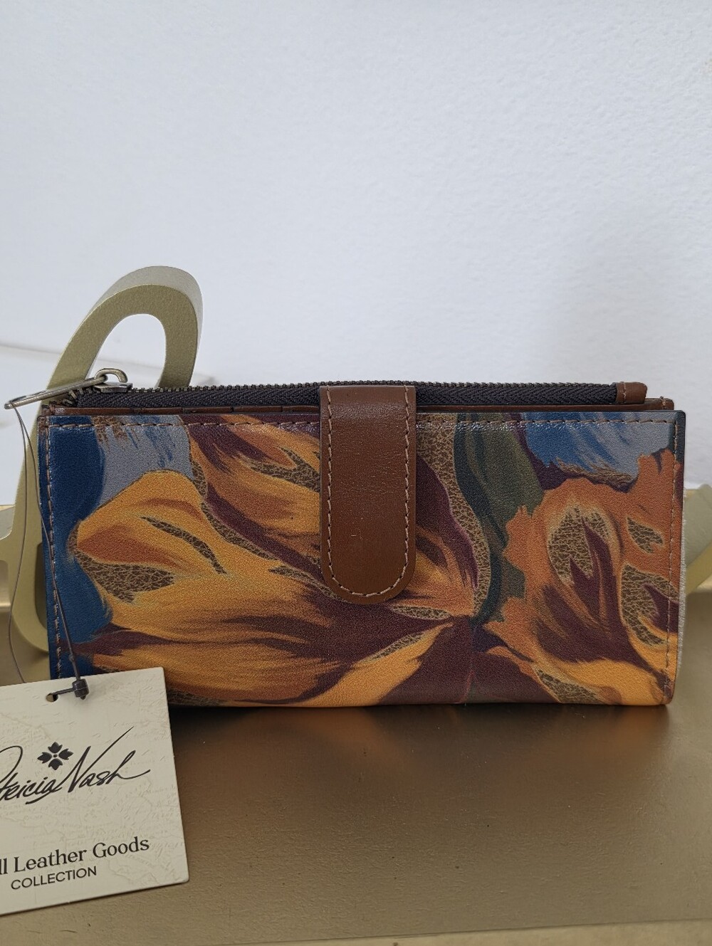 Patricia Nash Floral Print Leather Wallet in Mustard, Brown & Blue